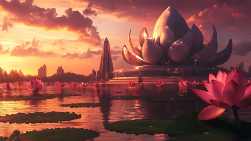 Futuristic lotus temple reflects warm sunset across tranquil lake