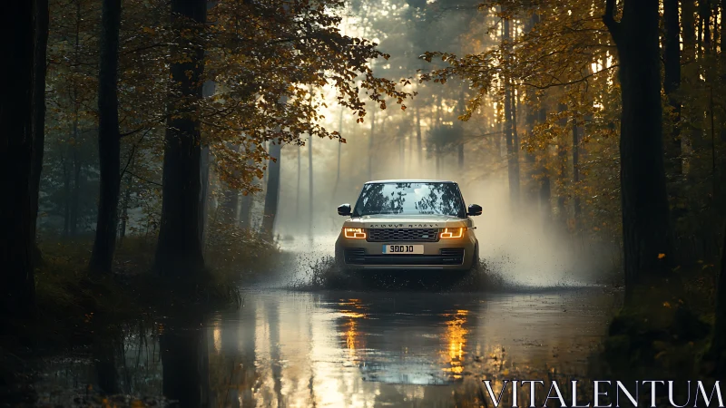 SUV drives through shallow forest water under warm light.