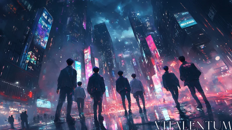 Friends wandering through neon city dreams at midnight.