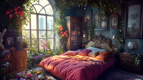Sunlit floral bedroom blends baroque decor with urban view