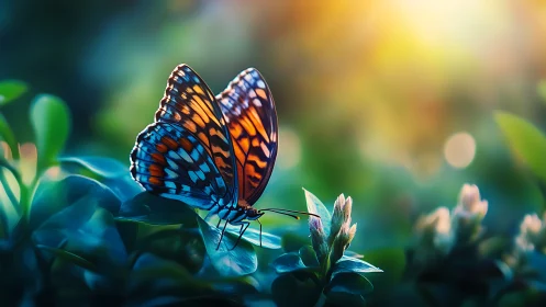 Iridescent butterfly rests on foliage in cinematic backlight