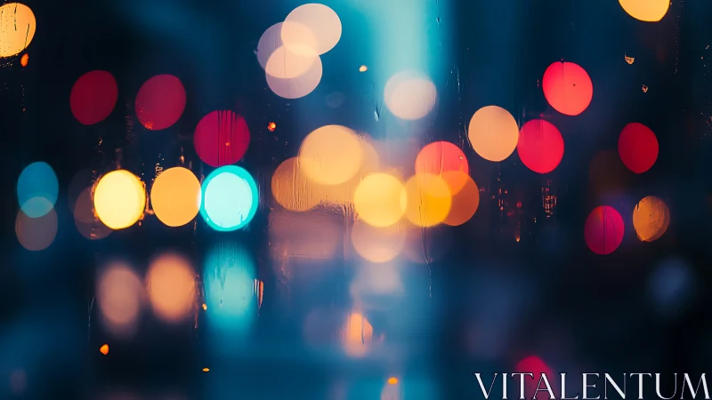 Out of focus city lights seen through wet glass surface