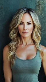 Strong blonde woman in teal tank top against textured wall.