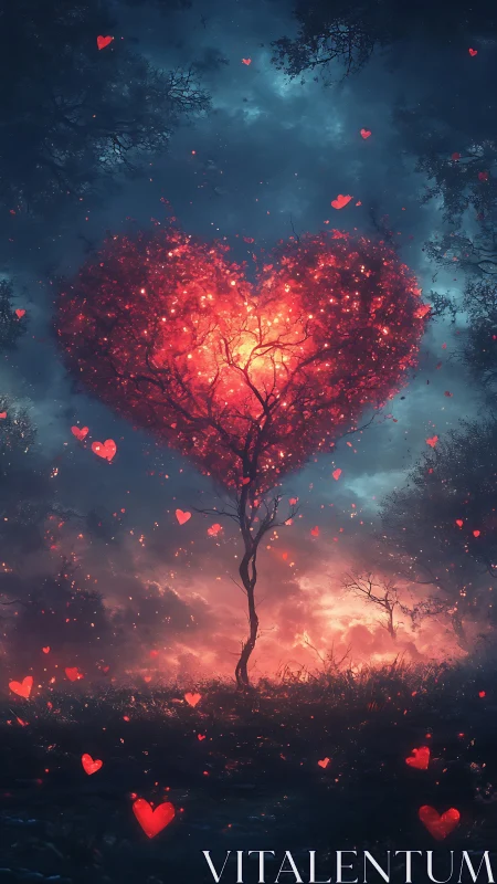 Heart-Shaped Tree Glowing with Luminous Red Passion