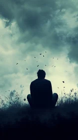 Solitary figure observes overcast sky in moody digital study