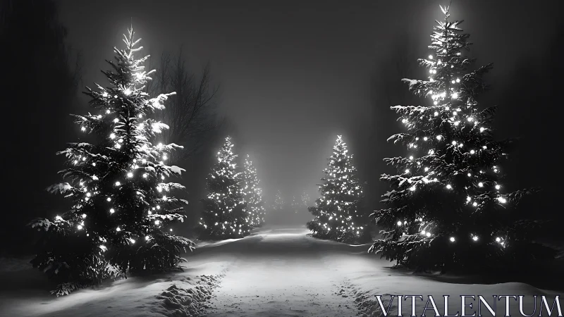 Nocturnal winter avenue with illuminated conifer arrayed symmetrically.
