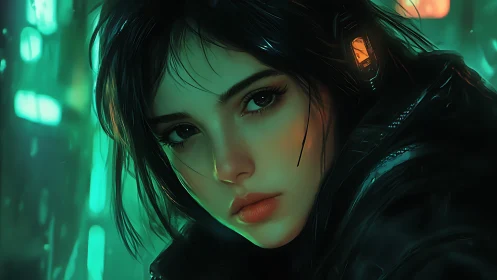 Cybernetic woman in teal city light, close portrait view.