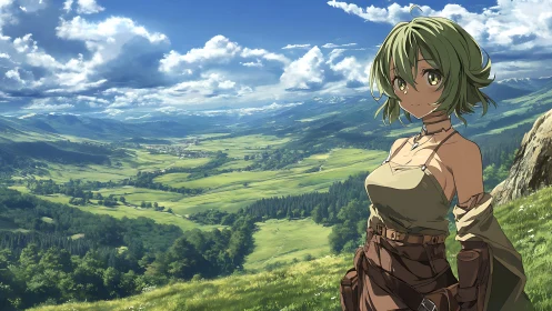 Green haired anime traveler above vast summer valley.