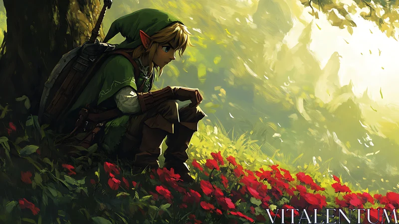 Elf archer resting beside tree near red forest flowers.