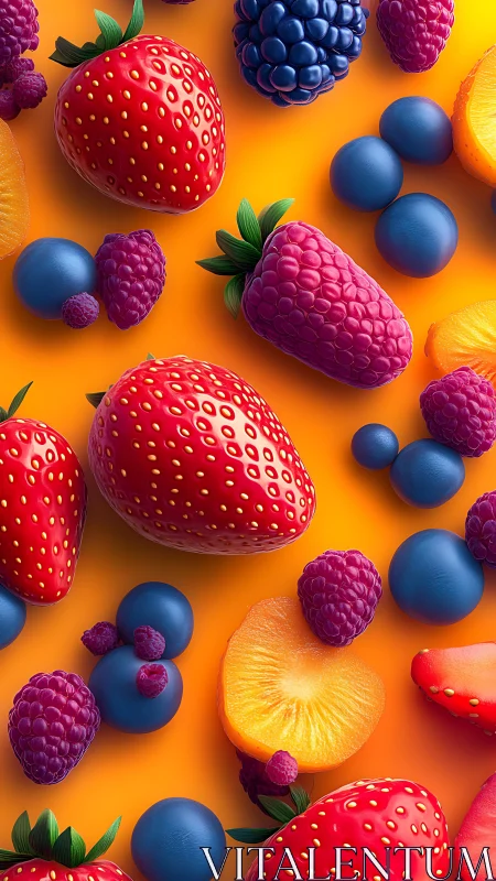 Assorted berries and sliced fruit on uniform orange ground.