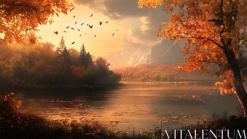 Autumn lakeside landscape with distant mountains at sunset.