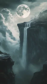 Lunar backlit cataract over abyssal canyon in misted nightscape.