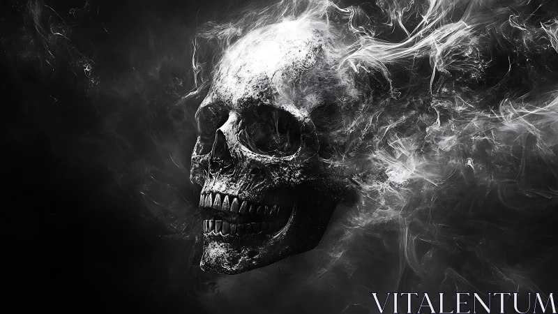 Smoke-haunted skull drifts through shadow, grinning slowly