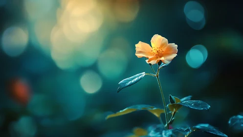 Peach Rose with Dewdrops Against Bokeh Background