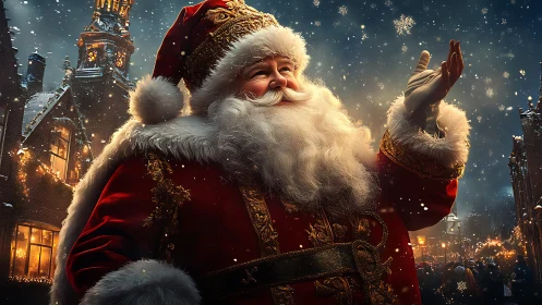 Regal Santa in snowfall with illuminated festive village backdrop.