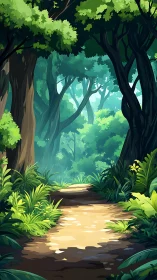 Dense Forest Path: Sunlit Trail Through Ancient Trees