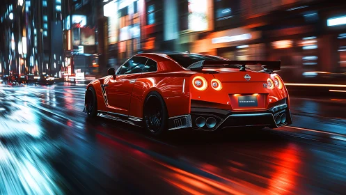 Red Nissan GT-R speeding through neon lit city at night.