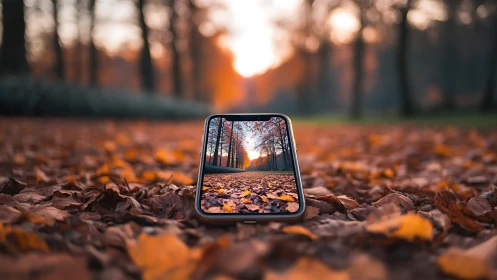 Photorealistic autumn phone screen with deep field framing.