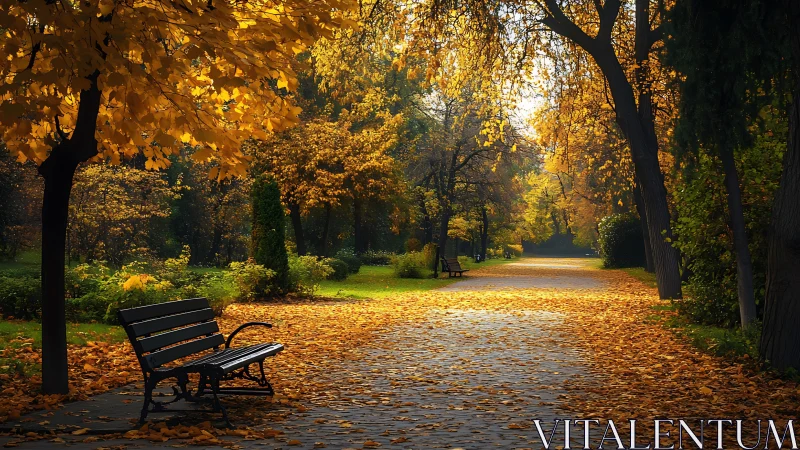 Park path shows aligned benches and dense autumn foliage