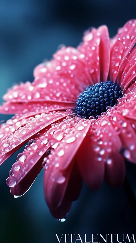 Pink Gerbera Daisy with Water Droplets and Dark Center.