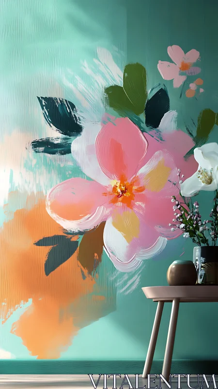 Large-scale floral mural on teal wall with modern styling.