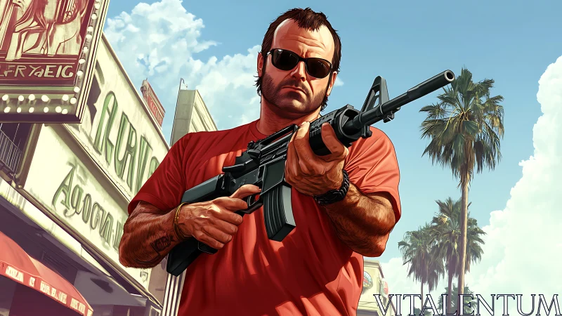 Tense gunman confronts the viewer on a bright city street