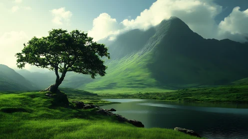 Solitary lakeside tree below sunlit emerald mountain peak.