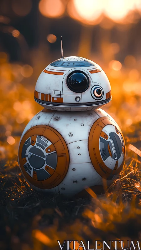 BB-8 style spherical robot toy in warm sunset grass field.