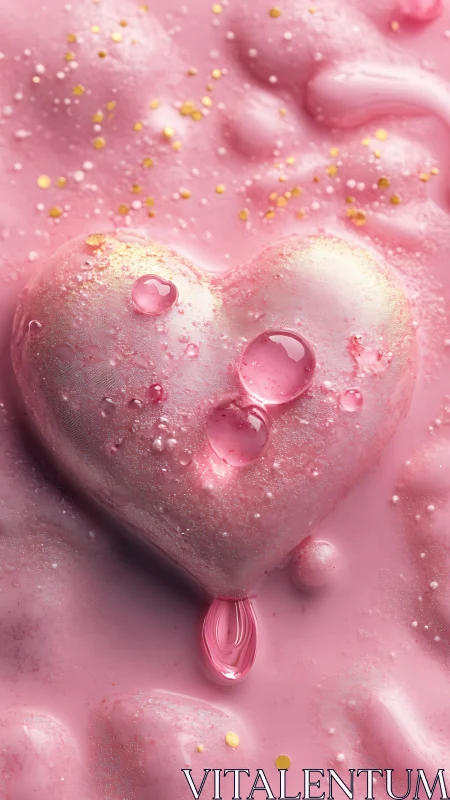 Pink Heart-Shaped Object with Water Droplets and Golden Sparkles