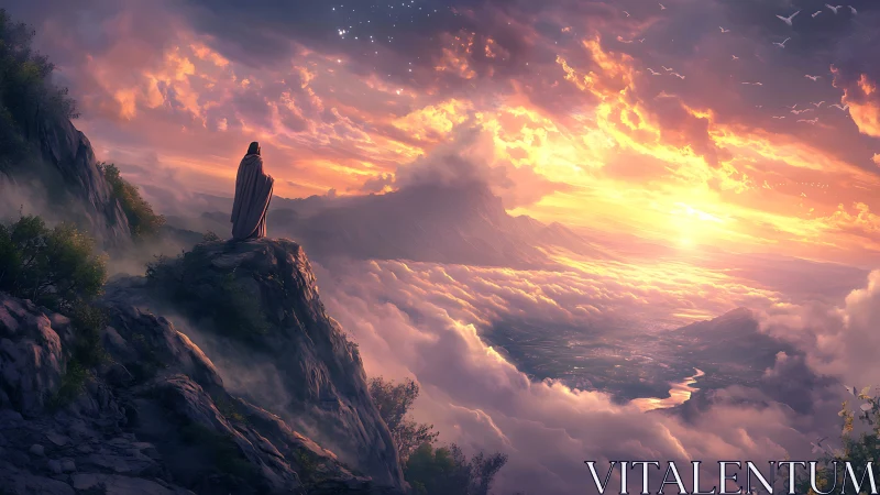 Cloaked figure stands on rocky cliff above cloud-filled valley