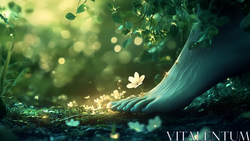 Bare human foot in glowing green forest with white flower.