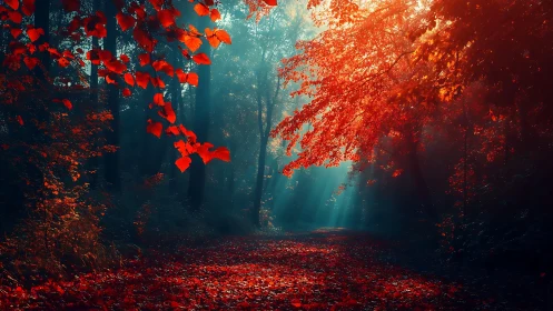 Crimson forest awakens in autumn's glowing embrace.