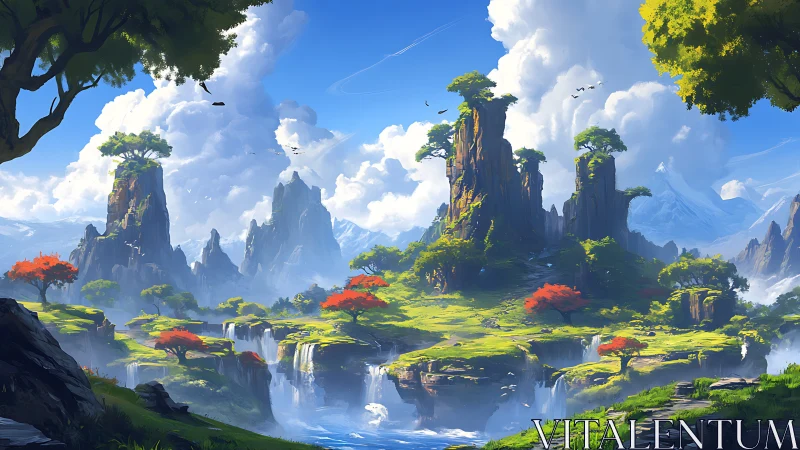 Fantasy mountain terraces with waterfalls under dramatic clouds