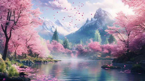 Cherry blossom valley with alpine peaks and reflective river.