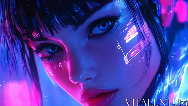 Cybernetic female portrait with neon blue and pink lighting.