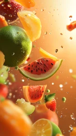 Floating mixed fruit slices in vivid photoreal detail.