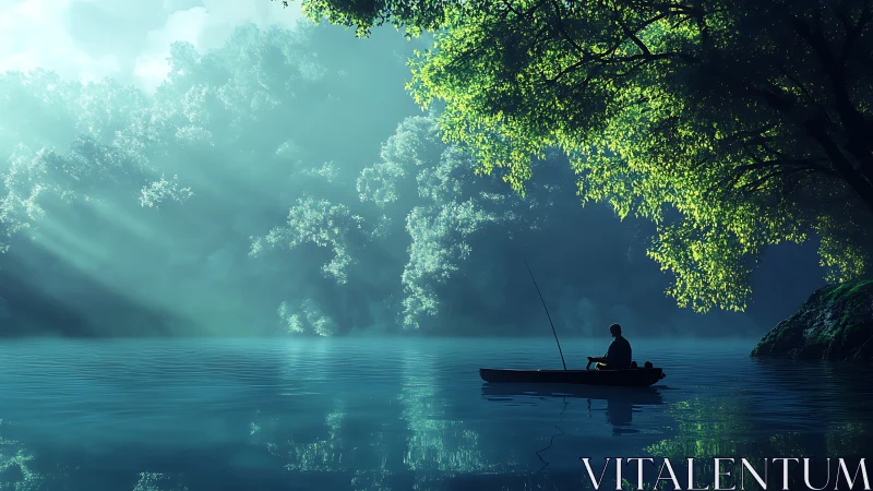 Quiet morning fishing on a misty sunlit forest lake.