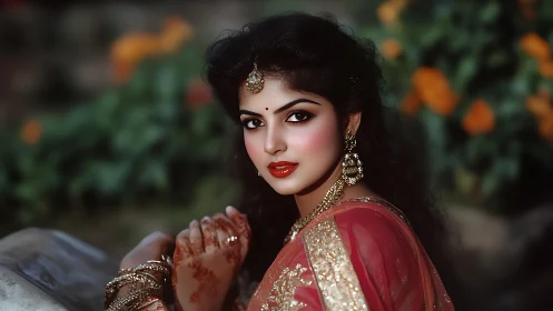 Bridal portrait with red saree, gold details, garden backdrop.