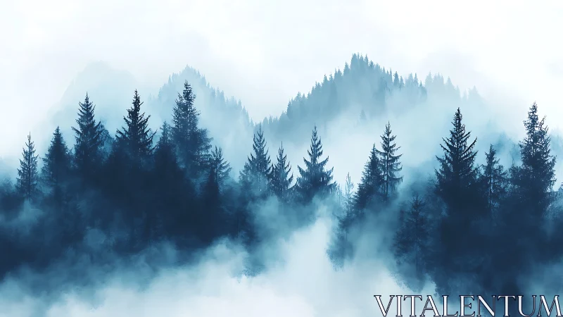 Misty coniferous forest landscape with layered mountain terrain