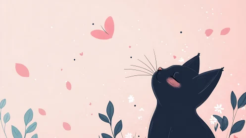 Black Cat Gazing at Pink Butterflies in a Garden.