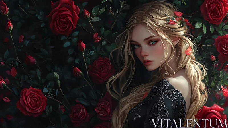 Blonde woman stands among dense red rose blossoms at night
