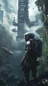 Armored explorer facing towering sci fi jungle structure.