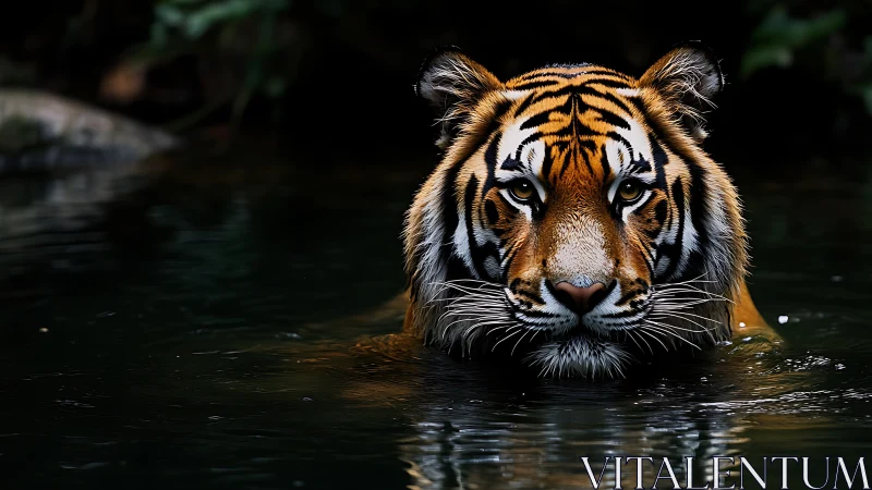 Majestic tiger wades through dark forest water at dusk.