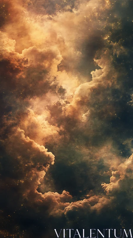 Golden cosmic nebula cloudscape with glowing star field.