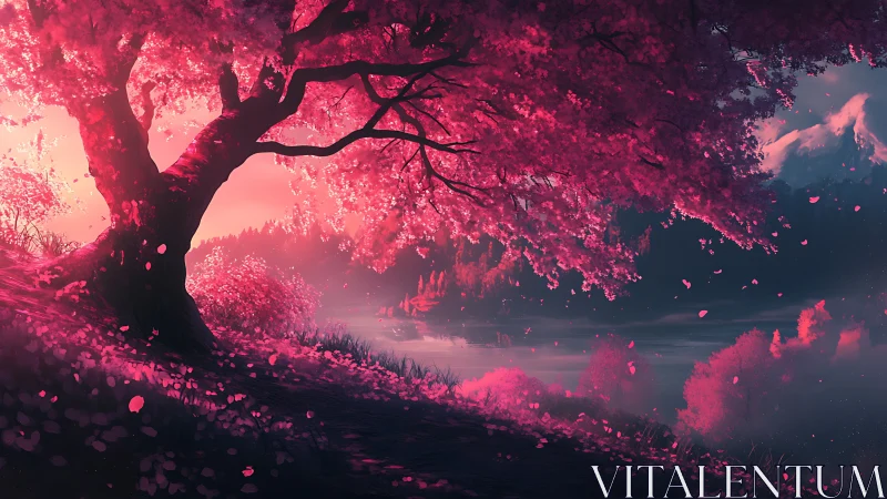 Pink deciduous tree overlooks misty lake with distant mountains