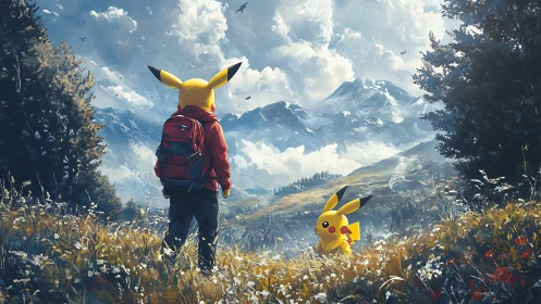 Pikachu hiker meets Pikachu in a sunlit alpine meadow