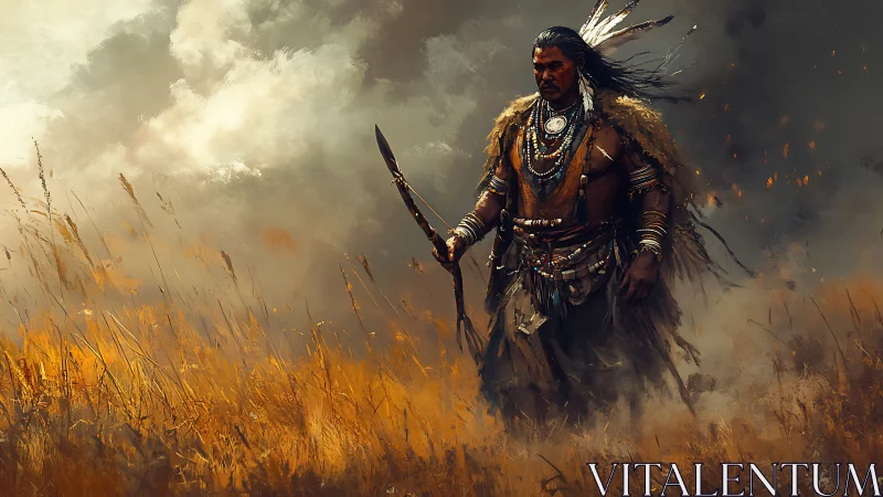 Warrior striding through burning prairie under storm clouds.