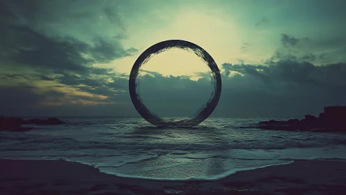 Hydrodynamic liquid ring hovering over dusk-lit ocean horizon