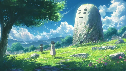 Stone-faced meadow guardian greeting two curious children.