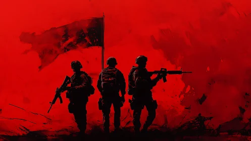 Silhouette soldiers under torn red war flag at dusk.